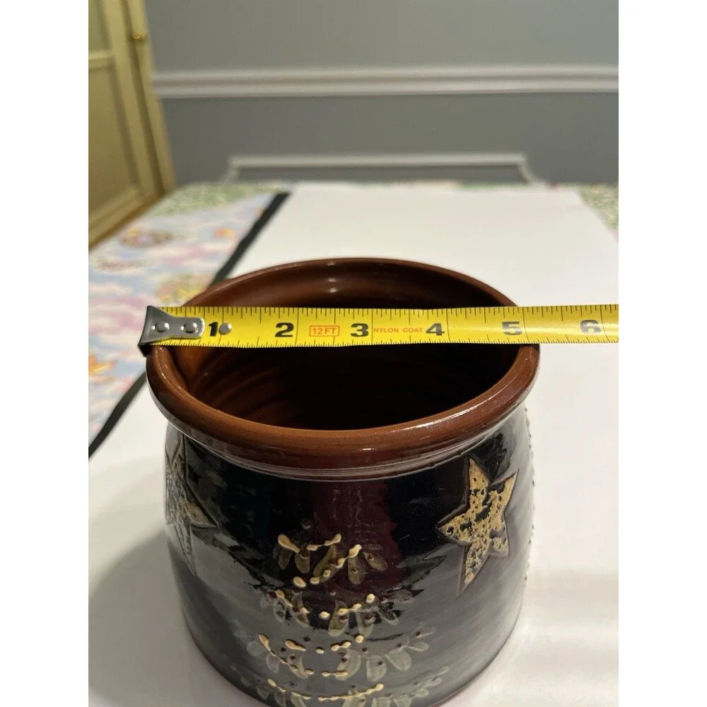 Eldreth Pottery Redware Crock Hand Painted Christmas Tree Stars Signed Folk Art